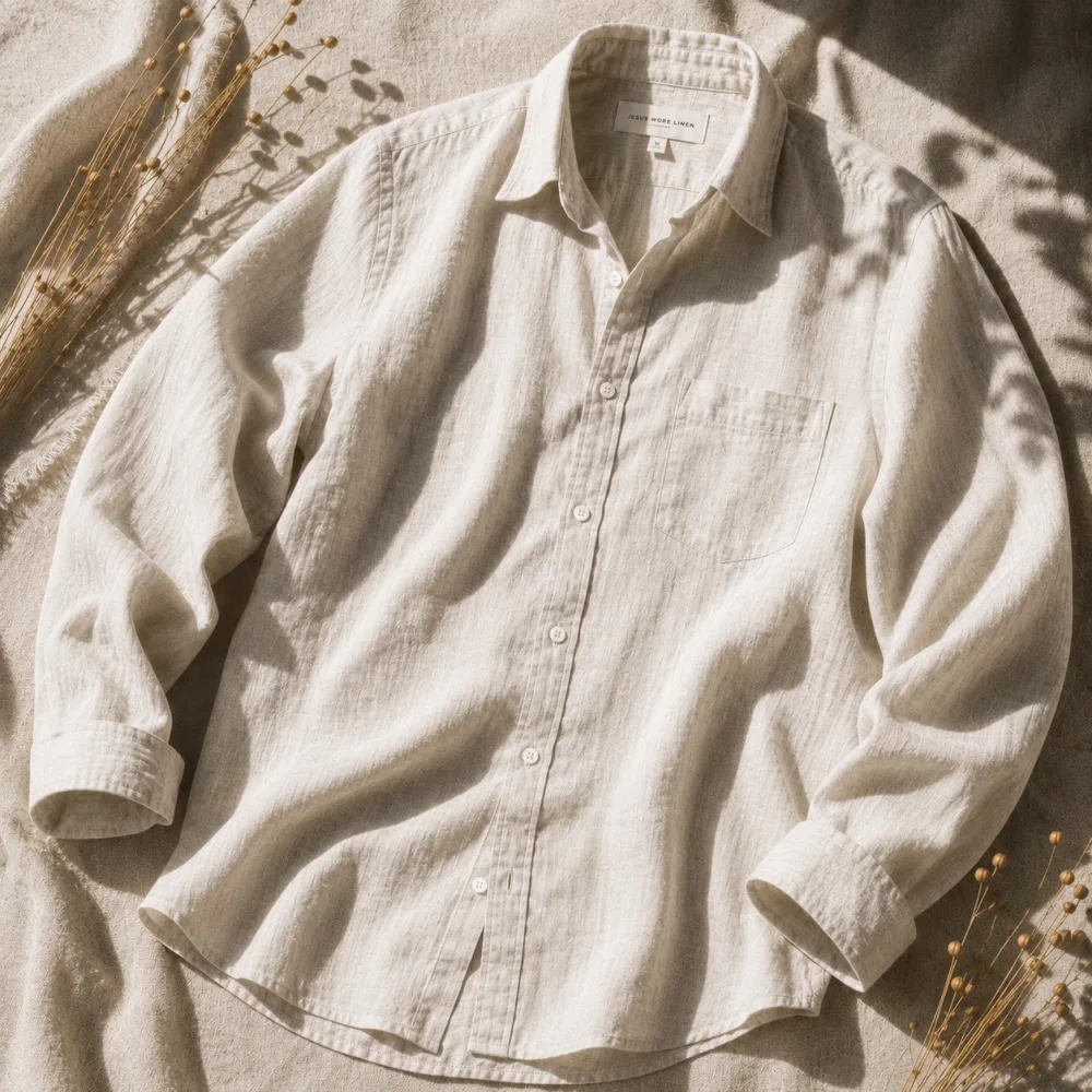 Beige Cornerstone linen shirt laid flat in warm sunlight, showing the Jesus Wore Linen neck label.