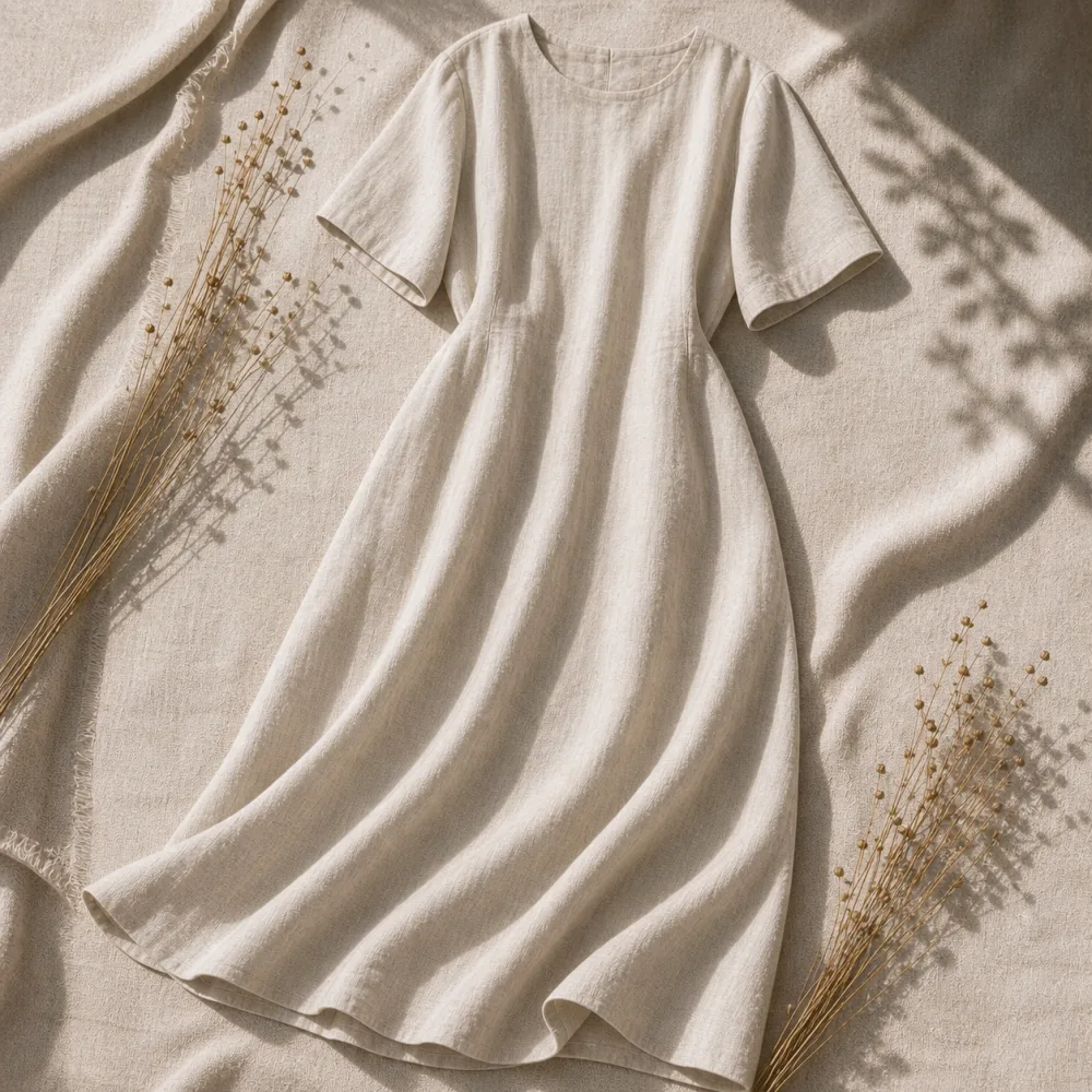 Women's beige Lily midi linen dress with a round neck and loose short sleeves.