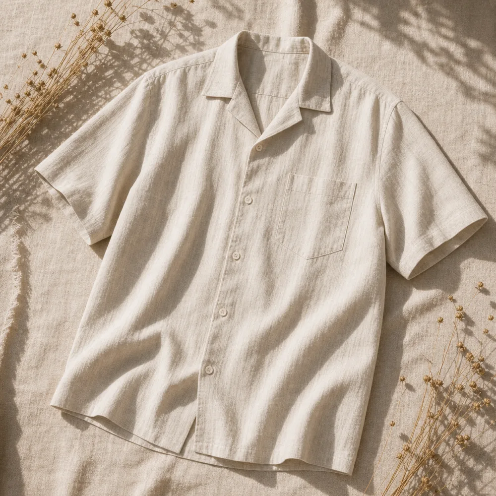 Beige short-sleeve Patmos linen shirt laid flat in warm Mediterranean sunlight.