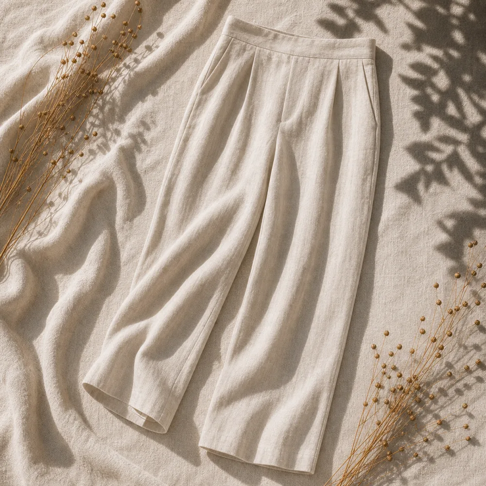Women's high-waisted beige Selah linen trouser with soft pleats and a relaxed drape.