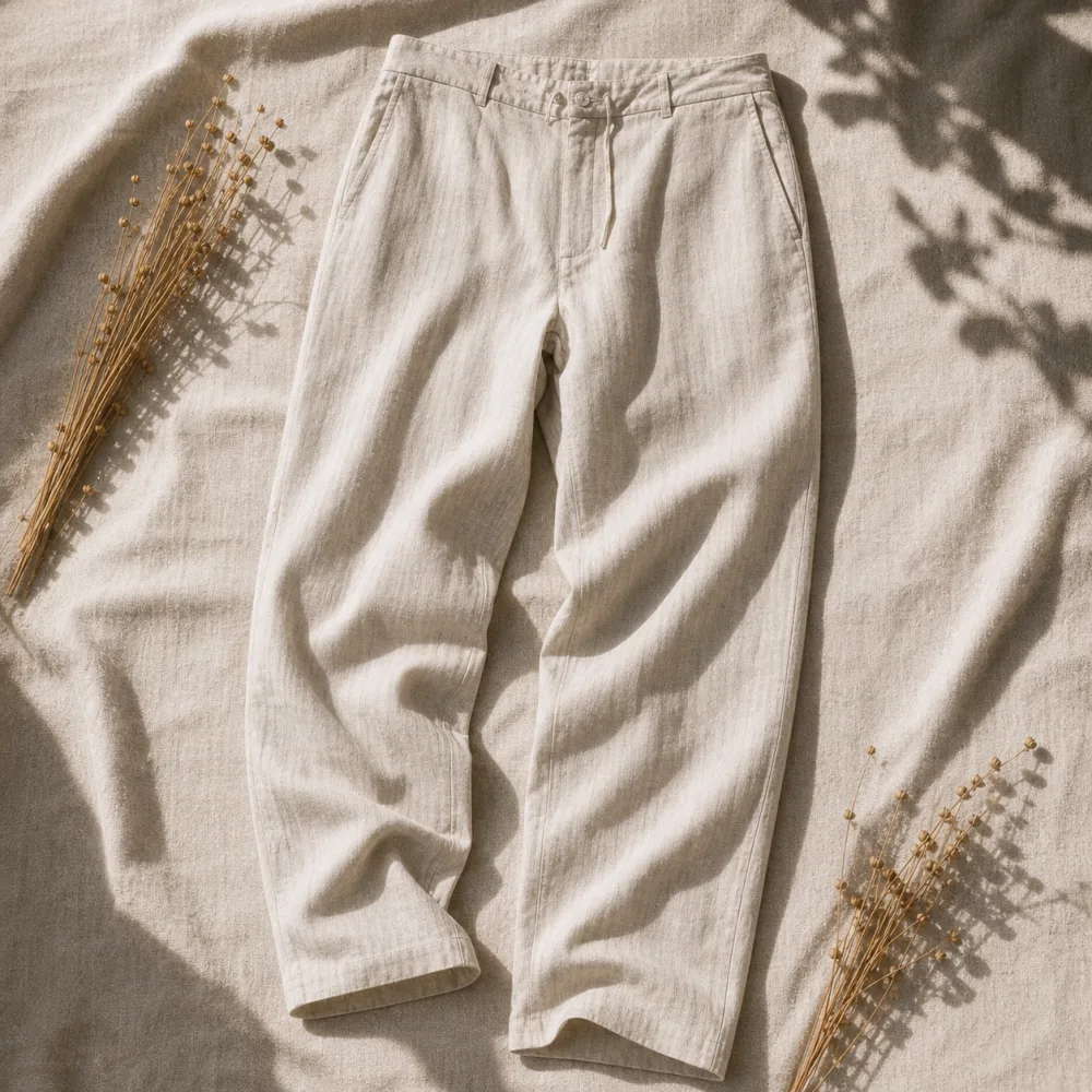 Men's beige Timothy linen trouser laid flat with a soft natural drape.