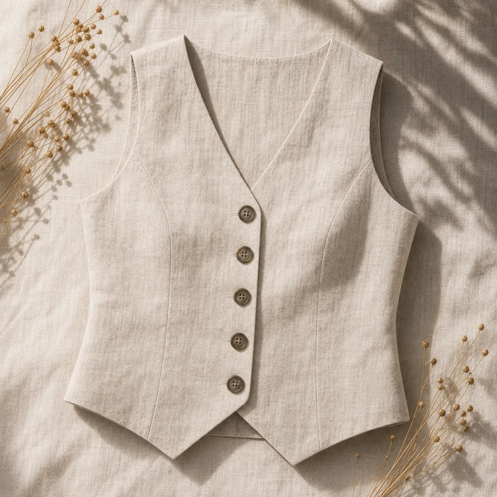 Women's structured beige Virtue linen waistcoat with five smokey taupe buttons.
