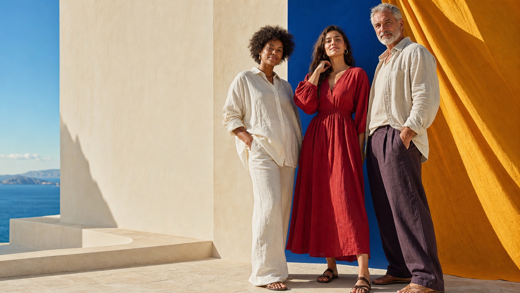 Three adults in ivory, red and deep fig linen clothing beside bold Greek coastal architecture
