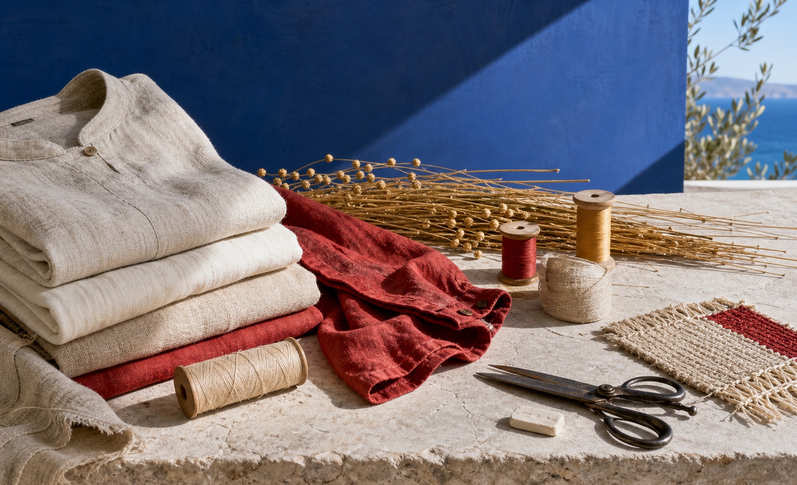 Folded natural and red linen, flax stems, thread and tailoring tools on a sunlit stone worktable